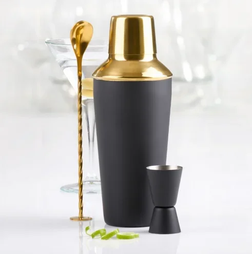 Shaker à cocktail Noir mat et or 3pièces – Trudeau