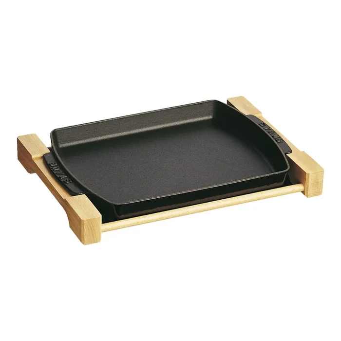 Staub Cast Iron – Accessories 13-inch x 9-inch, Rectangular Serving Dish With Wood Base, Black Matte
