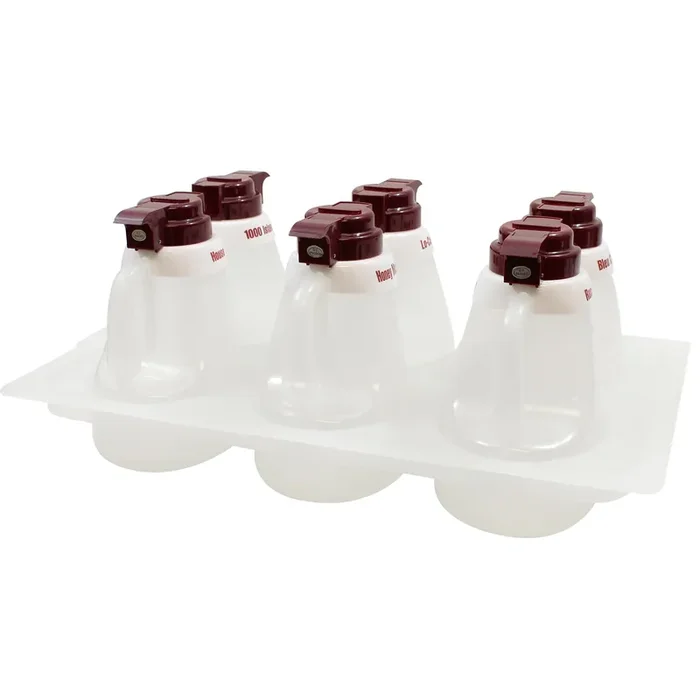 TableCraft 483 Salad Dressing Dispenser Set with Maroon Lids