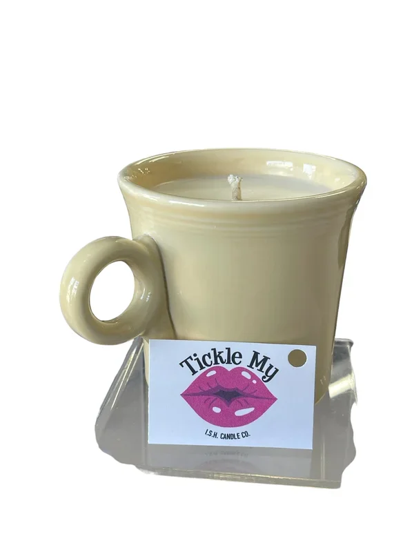 Tickle My Lips Candle By “ISH” .. In Ivory Ring Handle Mug