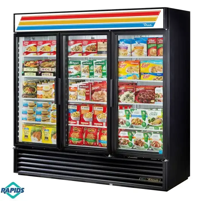 True GDM-72F-HC~TSL01 Three Section Three Glass Swing Door Merchandiser Freezer -Black – 78″