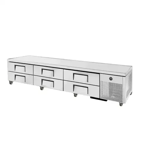 True TRCB-110-HC 110″ Refrigerated Chef Base with 6 Drawers, 12 Pans (Top), Refrigerant R290