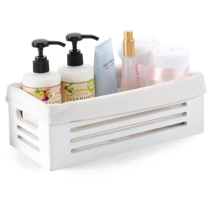 Wooden Storage Bin Container – Decorative Closet, Cabinet and Shelf Basket Organizer Lined with Machine Washable Soft Linen Fabric – White, Extra Small