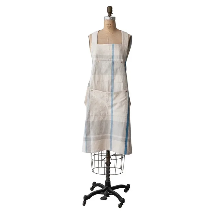 Woven Cotton Plaid Apron with Buttons & Rivets