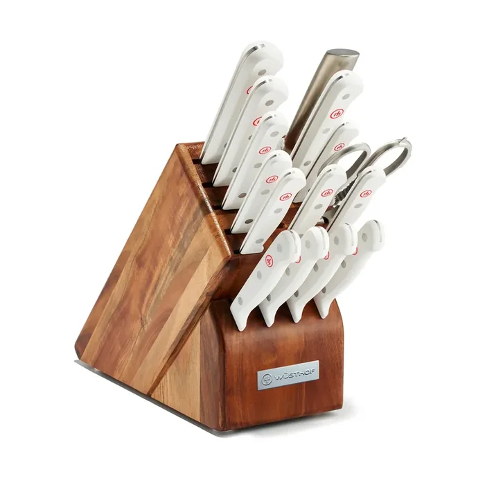 Wusthof Gourmet White – 16 Pc. Knife Block Set, Acacia- Personalized Engraving Available